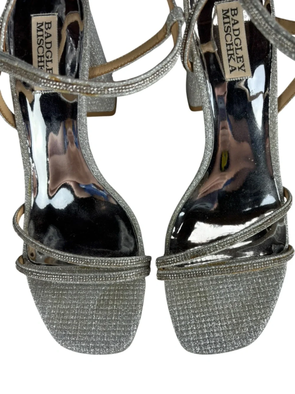 BADGLEY MISCHKA FIREY RHINESTONE SILVER BLOCK HEEL OPEN TOE HEELS - Picture 14 of 16